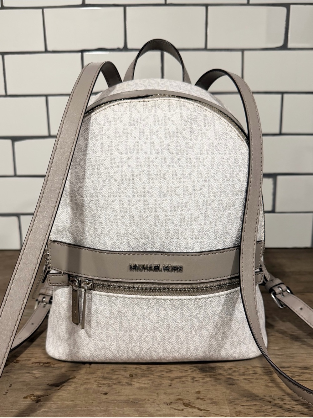 Michael Kors Kenly Medium MK Logo Backpack (white/grey)
